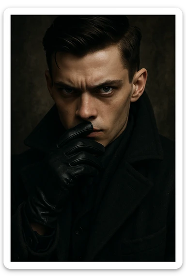 Kaz Brekker from Six of Crows, close-up portrait, piercing eyes, black gloves visible, wearing high-collared coat, gritty dramatic lighting sticker