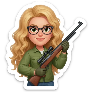 Green hunting woman with glasses and long blonde curly hair carrying a rifle sticker