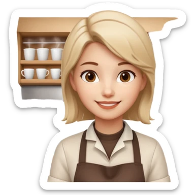 female barista portrait, head and shoulders only, wearing coffee shop apron collar, holding a takeaway cup near face, warm friendly smile, cozy cafe vibe, 3D cartoon, mobile game icon style, clean background, no text, no watermark
 sticker