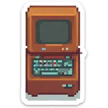 A pixel art style business card with a blue background and white text, featuring a simple, retro computer icon. sticker
