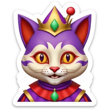 crazy colorful cute little cat jolly joker from poker, medieval, vintage, court jester, mac os icon, purple, gold and red color, half body. Squared shape as 3D mac os icon, skeuomorphic sticker