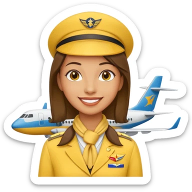 stewardess and airplane behind the stewardess yellow sticker