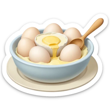 a dozen eggs, a ceramic mixing bowl with a wooden spoon and a plate of butter sticker