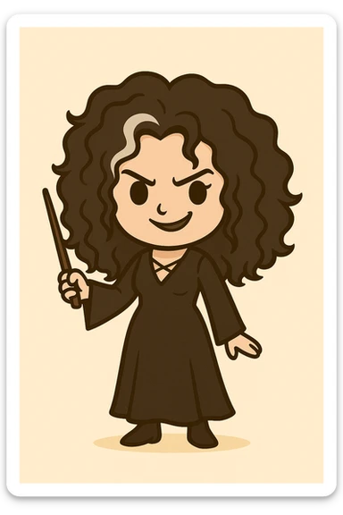 Add a wand in the hand of Bellatrix, keep the white streak in her voluminous, messy, curly black hair, wearing a long black dress, with a mischievous expression, in chibi sticker style, with a light beige background. sticker