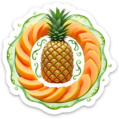 Golden pineapple slices, translucent papaya pieces, and green sprouts floating in a gentle spiral around a luminous stomach, with flowing light lines swirling like whirlpools, representing light, clean, and vibrant digestion. The foods emit a soft glow showing their enzymatic properties. sticker