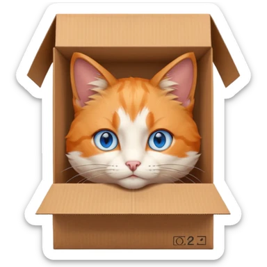 anime character cat that is orange cat, that its body is inside of a brown box. cats eyes are blue , but head is showing up. show half the box sticker