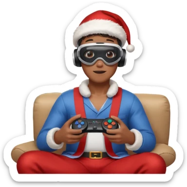 Homme photographe noir, week-end détente, équipé d’un appareil photo pro. Dans un décor Noël chaleureux, Père Noël à côté, sapin illuminé, lumières douces. L’homme porte un casque VR autour du cou ou sur la tête, et une manette PS 2025 dans la main libre. Ambiance festive, réaliste, couleurs nettes sticker