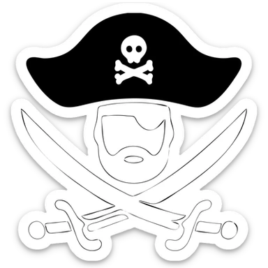 Change the swords and the pirate head to green. Ensure the background behind the swords and the head is pure white and hollow, with no black fill or shadow. Keep the hat black with the small skull-and-crossbones symbol. Maintain the clean, bold icon style. sticker