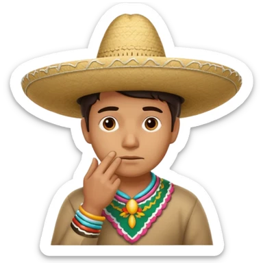 person deep in thought, wearing a traditional Mexican sombrero. The character has a neutral or slightly furrowed expression, one hand gently touching their chin in a classic thinking pose.  sticker