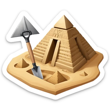 An icon showing archaeological tools like a trowel, brush, and pickaxe placed on sandy ground, with an Egyptian pyramid in the background. The design symbolizes excavation and discovery of ancient history, blending tools and iconic landmarks. Transparent background. sticker