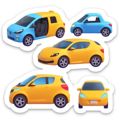 Change the four vehicles so each is a different type: one sport car, one van, one motorbike, and one electric vehicle (EV). Keep the 3D emoji style, detailed and stylized, with no background. sticker