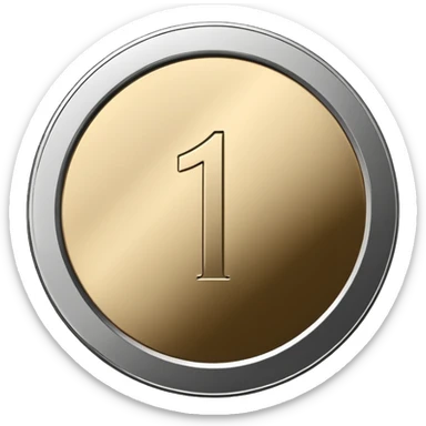 Emoji icon of a metal coin with engraved number 1, minimalist style, isolated, only metal color sticker
