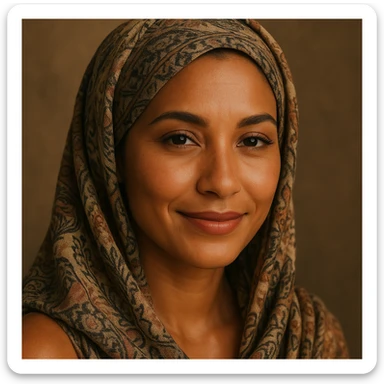 a tanned skin woman wearing a patterned headscarf and subtle makeup, gentle smile sticker
