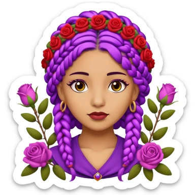 Olive skin queen with purple braids, brown eyes surrounded by roses sticker