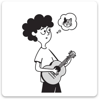 Close-up of a musician's face and torso, holding a guitar, looking up at the sky with a sad and worried expression, with a small thought cloud above showing something causing concern sticker