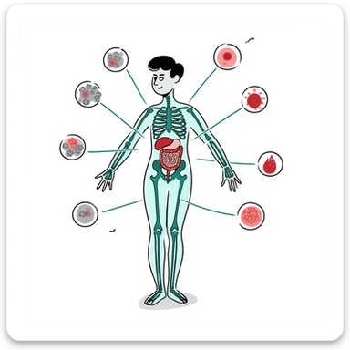 Anti-inflammatory process medical diagram: transparent human body with glowing joints and organs, blue-green healing energy waves neutralizing red inflammation spots, clinical aesthetic with soft lighting and futuristic background sticker