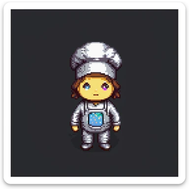 Portrait of a baker wearing a metallic baking suit with built-in tools, chrome textures and LED accents, skeuomorphism style sticker