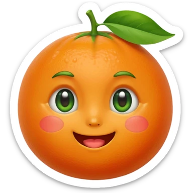 kawaii tangerine emoji with big watery eyes, small smiling mouth, blushing cheeks, green leaf on top, expressing touched feeling sticker