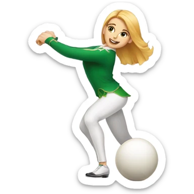 Irish female dancer bowling, in a standing, slightly bent over stance holding a bowling ball sticker