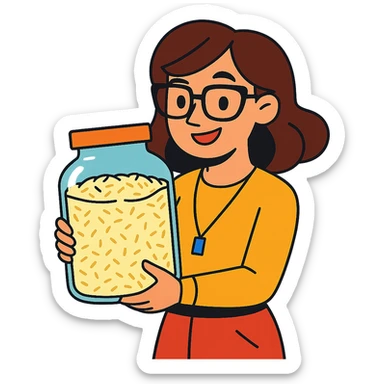 designer woman with brown hair holding a big glass jar of rice in vibrant toon style sticker