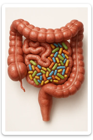 intestino umano anatomico in salute con batteri intestinali, sfondo chiaro neutro, IPERREALISTICA 4K sticker