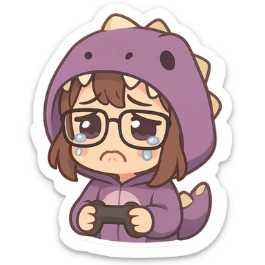 chibi anime style gamer girl with glasses, brown hair, dark purple eyes, wearing a purple dinosaur costume, making a sad emote sticker