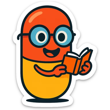 A smiling capsule pill with big round glasses, holding a tiny open book, cartoon style, vibrant colors, pill is red and yellow sticker