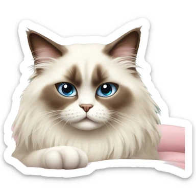 Ragdoll cat In the bed and have angry face sticker