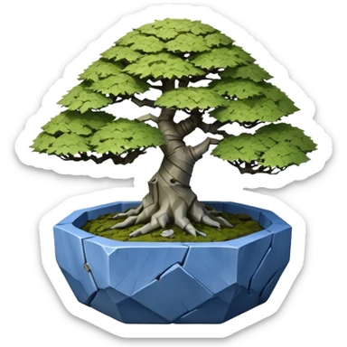 Korean very old broken 35-sided polyhedron-shaped shallow dark moss rough bark blue maple tree bonsai pot sticker