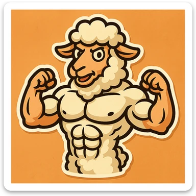 Create a buff sheep with visible 6 pack abs in a cartoonish sticker style. The style should resemble cartoonish stickers with bold outlines and vibrant colors. sticker
