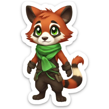 Cute, Chibi, Kemono-style, Anthro, Fur-Sona, Dark-Red, RedPanda-Mouse-hybrid-Transformice-Fakémon, with a green bandana, full body sticker