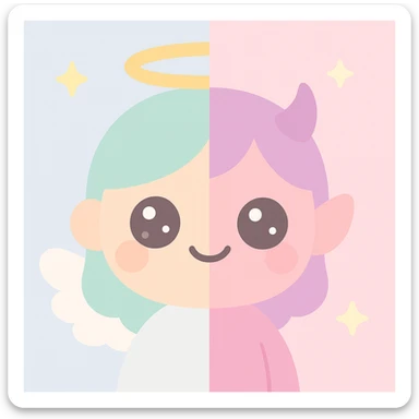 half animated face of an angel and half animated face of a devil, cute cartoon style sticker