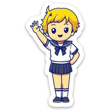 Anime girl with short bright yellow hair wearing Japanese sailor style school uniform, composed posture with hand on hip but energetically waving with other hand, excited smile and happy eyes sticker
