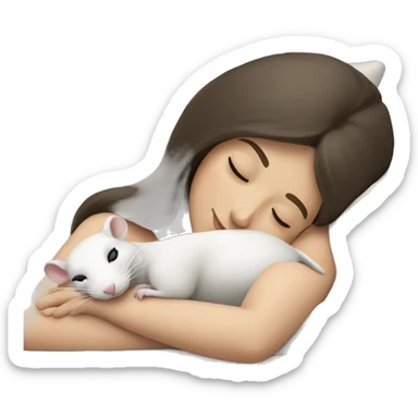 white brunette sleeping woman cuddling with one small white rat sticker