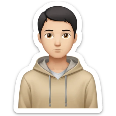 man with short black hair, slender build, light brown hoodie over white inner garment, silver necklace, calm demeanor, gentle expression, looking straight ahead sticker