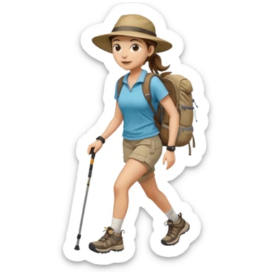 Create an emoji of a woman, hiking in shorts, trekking sneakers with a backpack and a wide broom hat and a brown ponytail sticker