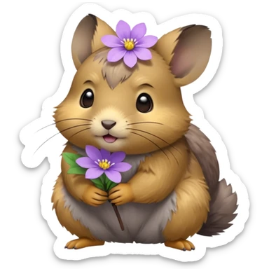 small round pika on all fours, turned at an angle, with a small light purple flower in its mouth sticker
