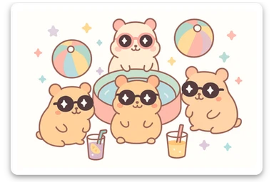 hamsters in sunglasses at a pool party, with colorful beach balls and drinks, fun and festive atmosphere sticker