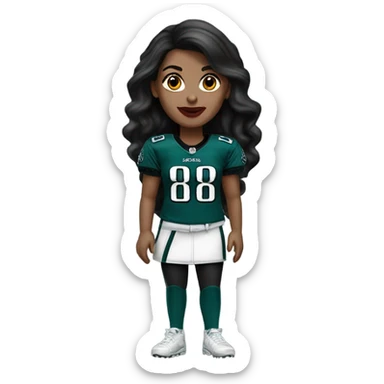 White female long dark hair red lips wearing Philadelphia Eagles jersey sticker