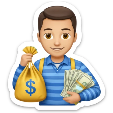 создай невероятно реалистичного украинца вора с большим мешком с деньгами в сине-желтых цветах sticker