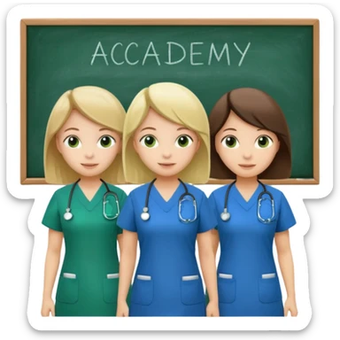 3 different nurses, wearing green and blue work clothes, in a classroom, "Academy" written in white on board sticker