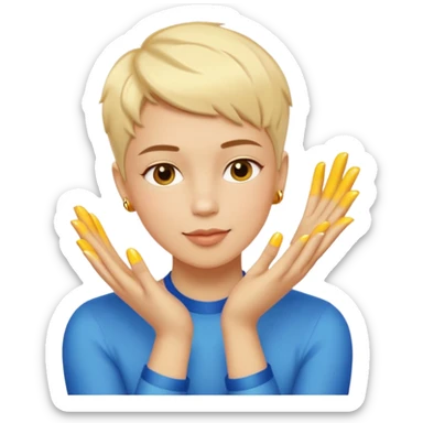 gender-neutral person with short hair gently kissing their glowing golden hands, showing pride and warmth, radiant hands, playful proud face, bold colors, smooth shading, minimal details, emoji style, white or transparent background sticker