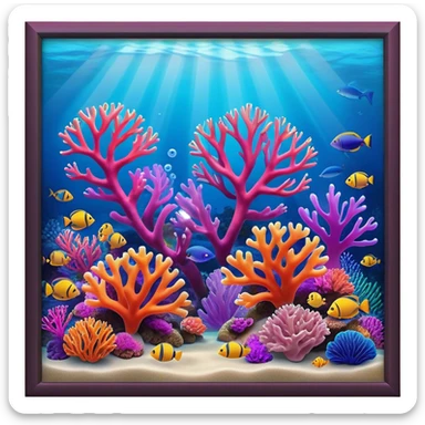 Cinematic Realistic Coral Reef Emoji in a wooden frame, Vibrant and alive, with colorful corals in hues of pink, purple, and orange, swaying gently with the underwater currents. Schools of tropical fish dart between the coral, with soft rays of sunlight piercing through the clear blue water above, creating a magical, serene underwater world. Soft glowing outline, capturing the essence of the bustling, colorful, and peaceful aquatic paradise. sticker