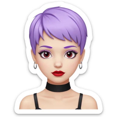 trendy white girl, pastel purple pixie hairstyle, black choker, red lipstick, lip ring, raised eyebrows, smirk, fashion-forward sticker