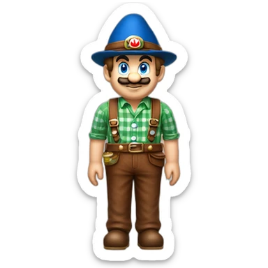 bavarian october fest visitor in super mario style. With a grean hat, blue and white shirt and brown leather pants.  sticker