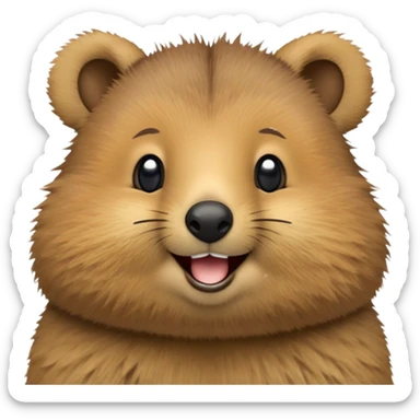 cinematic-realistic quokka-emoji,-small-round-frame-balanced-on-tiny-strong-hind-legs, head tilted in an endearing manner, comical smil, giant-fluffy-cheeks-large-smile-fluffy-brown-fur-radiating-a-warm-softness,-big-round-eyes-filled-with-joy, realisticround  fluffy zoomed in, large black eyes sticker