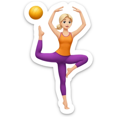 A minimalist vector emoji of a person standing on one leg in an arabesque pose, holding a fitness ball. Clean lines, flat design, vibrant energetic colors. sticker