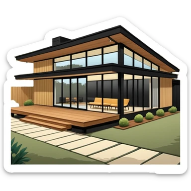 midcentury modern house with 1000 sqft and all windows and a sliding windows on corner. Single story. High ceilings, black and vertical wood slats for outside walls of home. Wood deck with complementary but different wood and shade from larger wood slats. With overhanging shade and slats. sticker