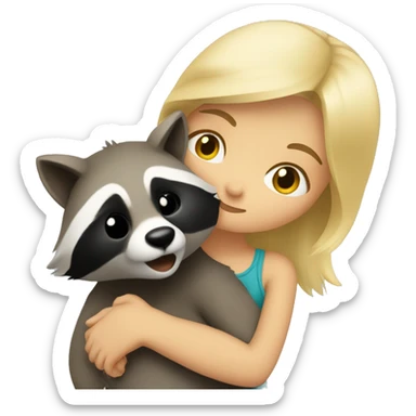 A blonde girl is hugging and kissing a raccoon. sticker