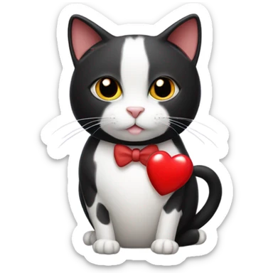 Tuxedo cat with black mole on his right cheek, holding a heart sticker
